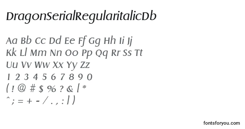 Czcionka DragonSerialRegularitalicDb – alfabet, cyfry, specjalne znaki