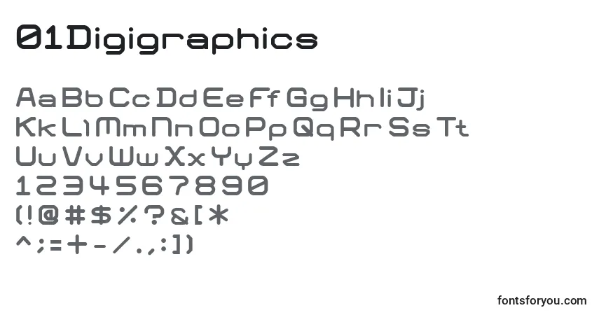 Шрифт 01Digigraphics – алфавит, цифры, специальные символы