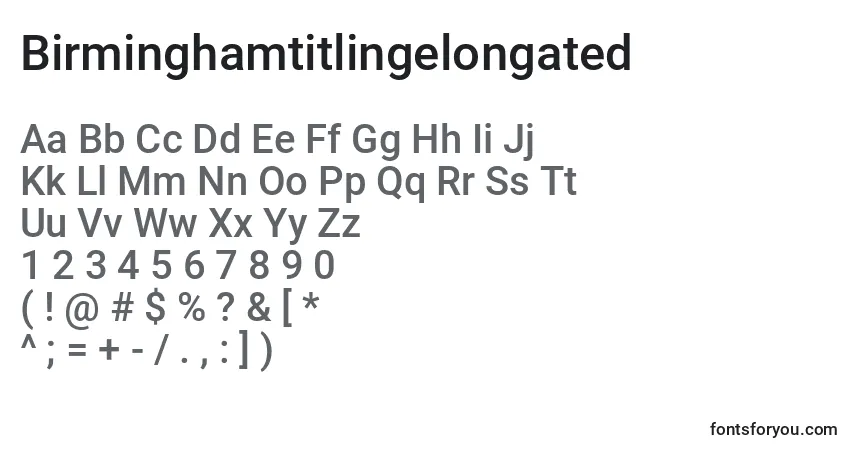 Шрифт Birminghamtitlingelongated – алфавит, цифры, специальные символы