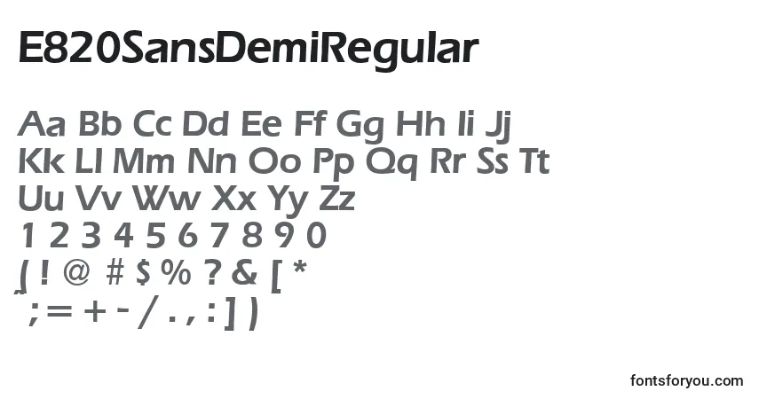 Czcionka E820SansDemiRegular – alfabet, cyfry, specjalne znaki