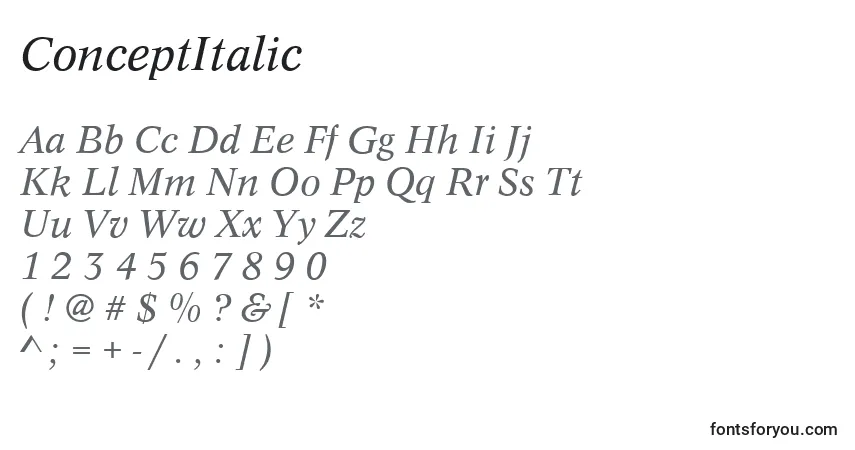 A fonte ConceptItalic – alfabeto, números, caracteres especiais