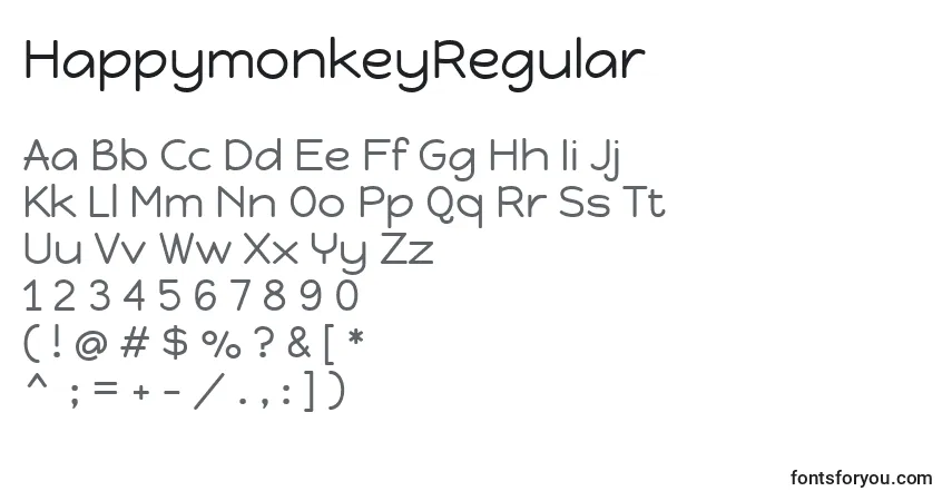 Czcionka HappymonkeyRegular – alfabet, cyfry, specjalne znaki