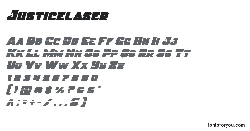 Czcionka Justicelaser – alfabet, cyfry, specjalne znaki