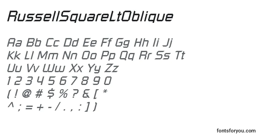 Czcionka RussellSquareLtOblique – alfabet, cyfry, specjalne znaki