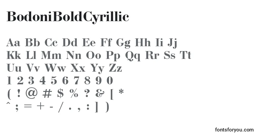 A fonte BodoniBoldCyrillic – alfabeto, números, caracteres especiais