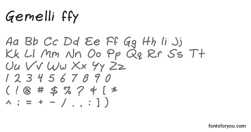 Czcionka Gemelli ffy – alfabet, cyfry, specjalne znaki
