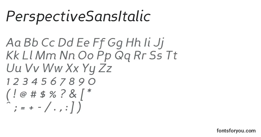 A fonte PerspectiveSansItalic – alfabeto, números, caracteres especiais