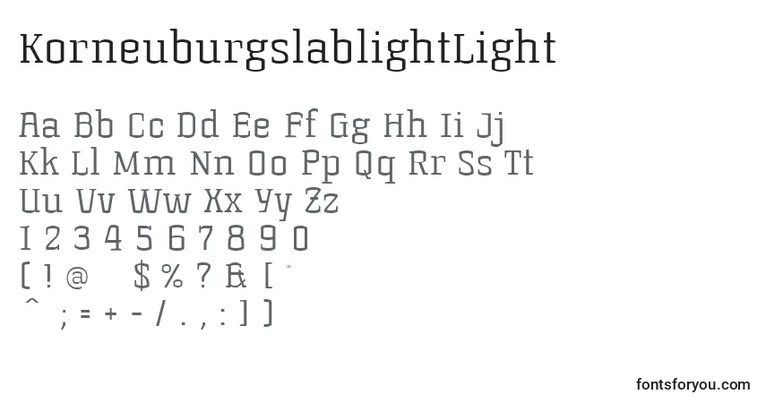 Шрифт KorneuburgslablightLight – алфавит, цифры, специальные символы