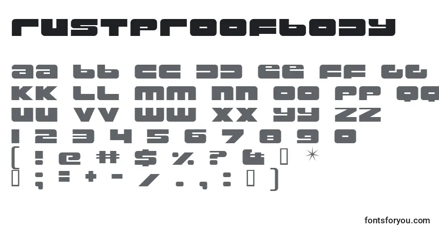 Fuente RustproofBody - alfabeto, números, caracteres especiales