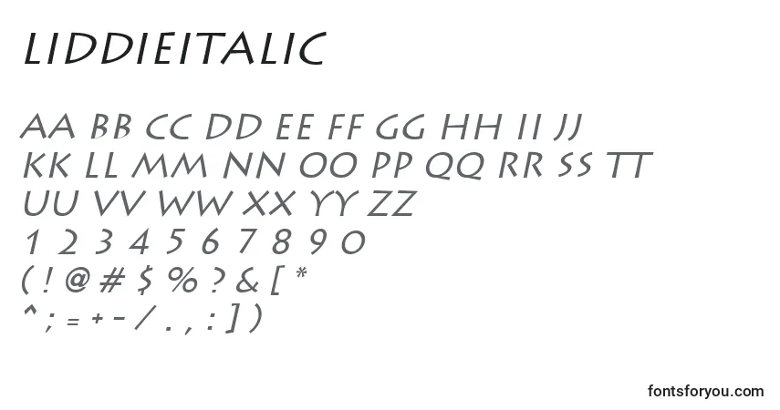 Czcionka LiddieItalic – alfabet, cyfry, specjalne znaki