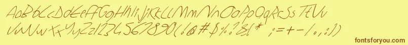 フォントSharonlipshutzhandwritingitalic – 茶色の文字が黄色の背景にあります。