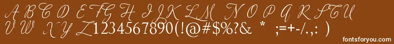 AdiosScriptCapsIi-fontti – valkoiset fontit ruskealla taustalla