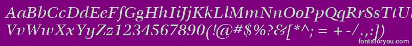 ItcVeljovicLtMediumItalic-Schriftart – Grüne Schriften auf violettem Hintergrund