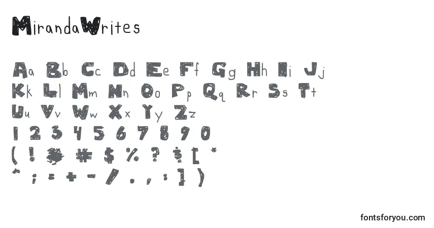 A fonte MirandaWrites – alfabeto, números, caracteres especiais