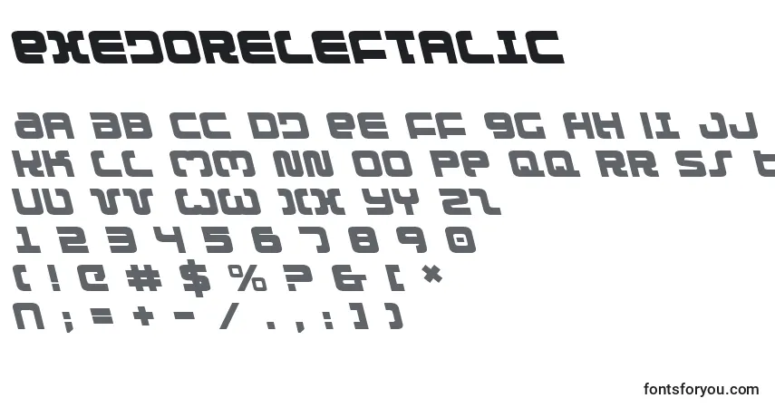 Schriftart ExedoreLeftalic – Alphabet, Zahlen, spezielle Symbole