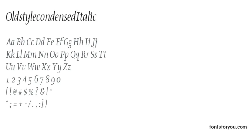 Шрифт OldstylecondensedItalic – алфавит, цифры, специальные символы