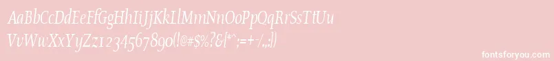 OldstylecondensedItalic-fontti – valkoiset fontit vaaleanpunaisella taustalla