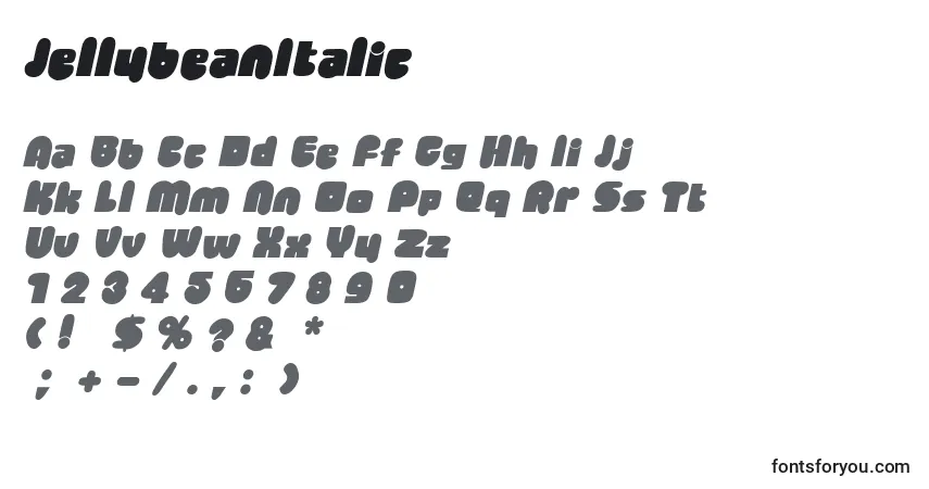 Czcionka JellybeanItalic – alfabet, cyfry, specjalne znaki