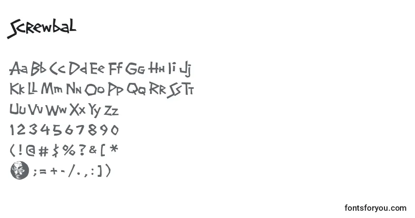 Czcionka Screwbal – alfabet, cyfry, specjalne znaki