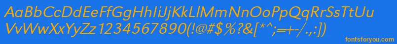 フォントUrwgrotesktligwidOblique – オレンジ色の文字が青い背景にあります。