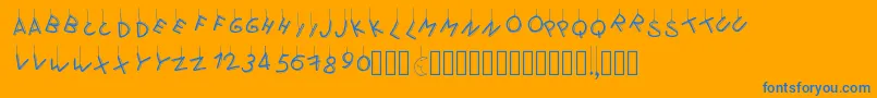 Pwflymetothemoon-Schriftart – Blaue Schriften auf orangefarbenem Hintergrund