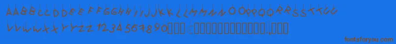 フォントPwflymetothemoon – 茶色の文字が青い背景にあります。