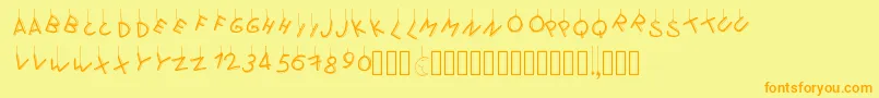 フォントPwflymetothemoon – オレンジの文字が黄色の背景にあります。