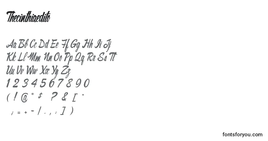 Czcionka Thecinthiaedito – alfabet, cyfry, specjalne znaki