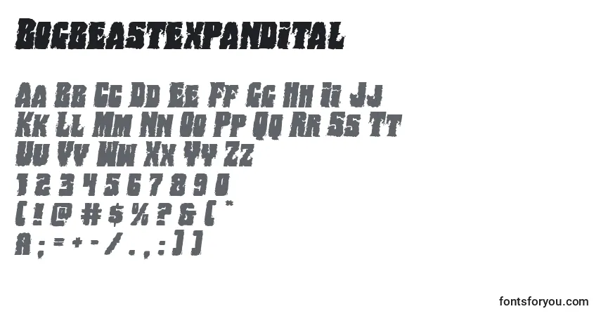 Czcionka Bogbeastexpandital – alfabet, cyfry, specjalne znaki