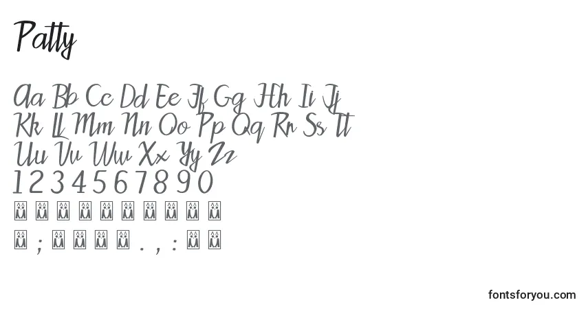 Czcionka Patty (93925) – alfabet, cyfry, specjalne znaki