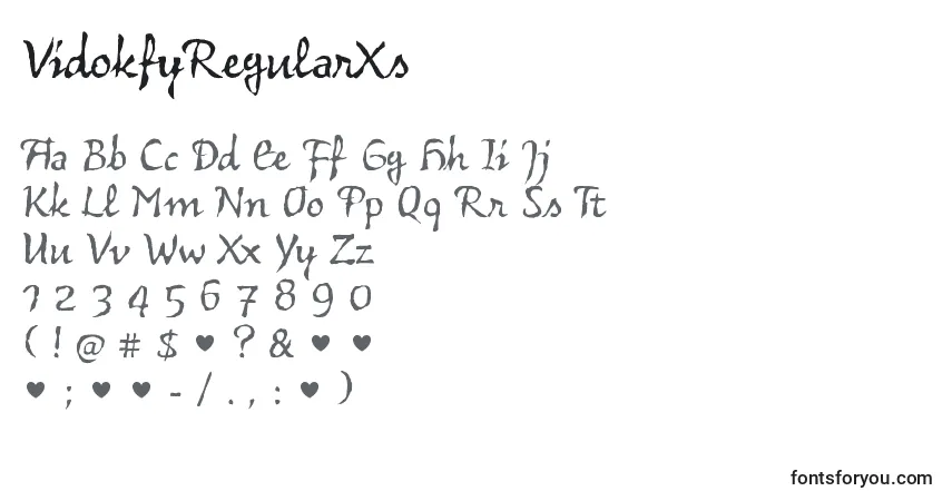 Czcionka VidokfyRegularXs – alfabet, cyfry, specjalne znaki