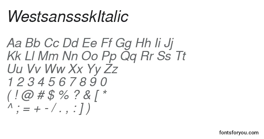 A fonte WestsanssskItalic – alfabeto, números, caracteres especiais