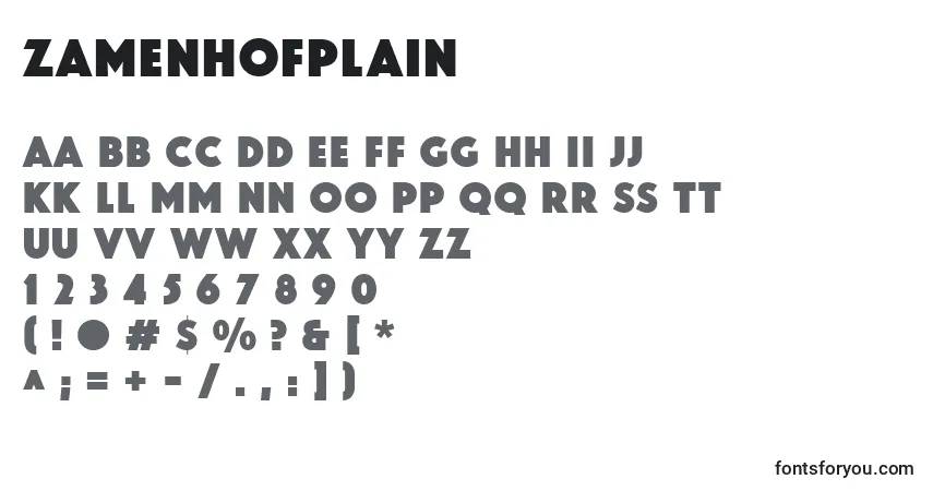 Czcionka ZamenhofPlain – alfabet, cyfry, specjalne znaki