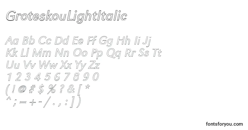 A fonte GroteskouLightItalic – alfabeto, números, caracteres especiais