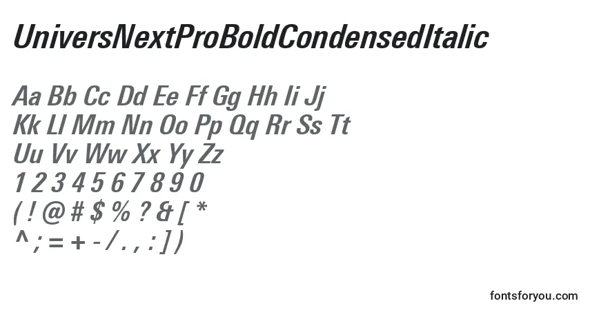 Czcionka UniversNextProBoldCondensedItalic – alfabet, cyfry, specjalne znaki