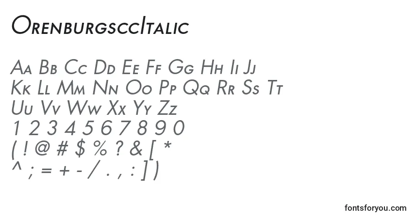 A fonte OrenburgsccItalic – alfabeto, números, caracteres especiais