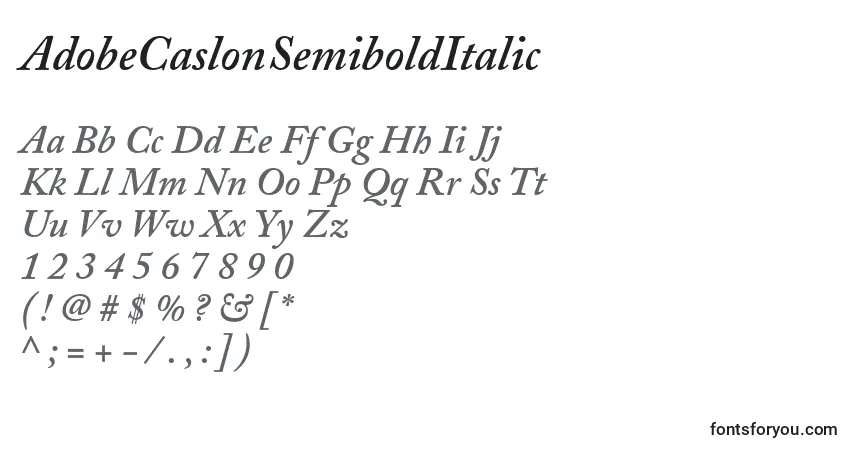 A fonte AdobeCaslonSemiboldItalic – alfabeto, números, caracteres especiais