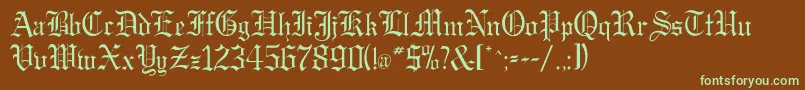 フォントGregorianflf – 緑色の文字が茶色の背景にあります。
