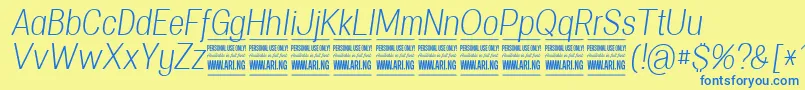 SpecifypersonalConlightitalic-Schriftart – Blaue Schriften auf gelbem Hintergrund