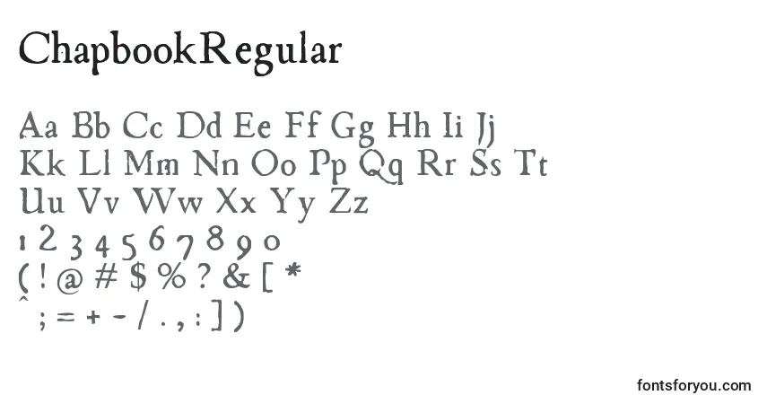 Czcionka ChapbookRegular – alfabet, cyfry, specjalne znaki