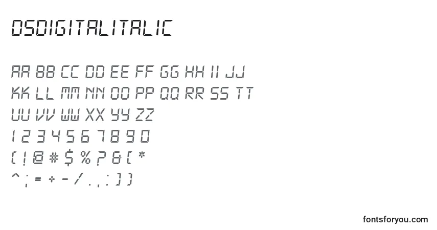 Шрифт DsDigitalItalic – алфавит, цифры, специальные символы