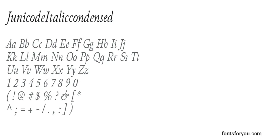 A fonte JunicodeItaliccondensed – alfabeto, números, caracteres especiais