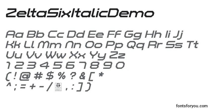 Schriftart ZeltaSixItalicDemo – Alphabet, Zahlen, spezielle Symbole