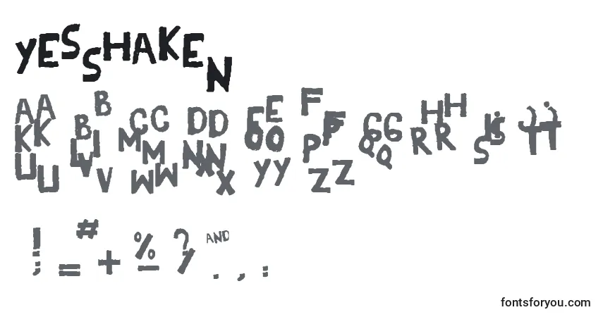 Schriftart YesShaken – Alphabet, Zahlen, spezielle Symbole