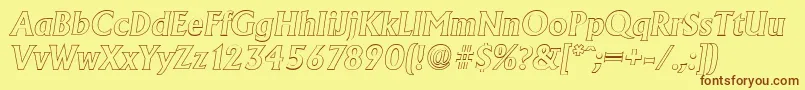 AdelonoutlineBolditalicフォントについての詳細 フォントAdelonoutlineBolditalic – 茶色の文字が黄色の背景にあります。