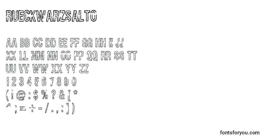 Czcionka Rueckwarzsalto – alfabet, cyfry, specjalne znaki