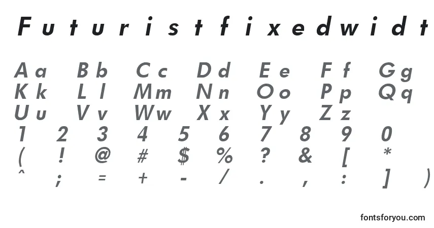 A fonte FuturistfixedwidthBoldItalic – alfabeto, números, caracteres especiais