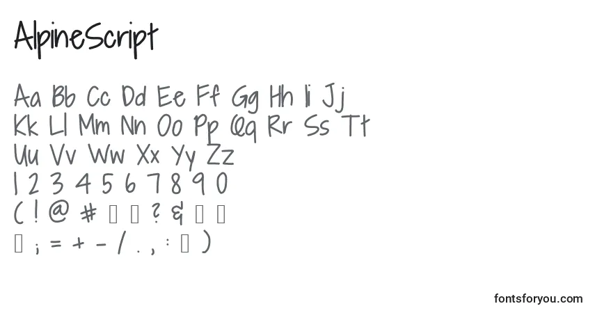 AlpineScript Font – alphabet, numbers, special characters