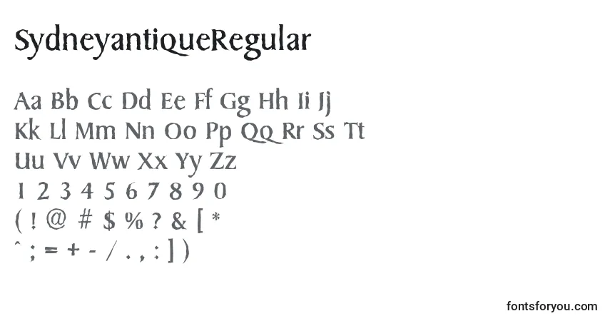 Czcionka SydneyantiqueRegular – alfabet, cyfry, specjalne znaki