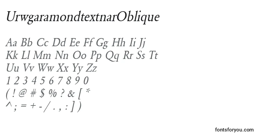 A fonte UrwgaramondtextnarOblique – alfabeto, números, caracteres especiais